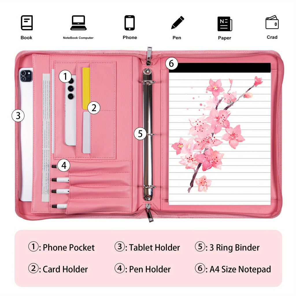 Vegan Leather Portfolio Binder, 3-Ring Zippered A4 Legal Document Organizer with Laptop Pocket for Women and Men