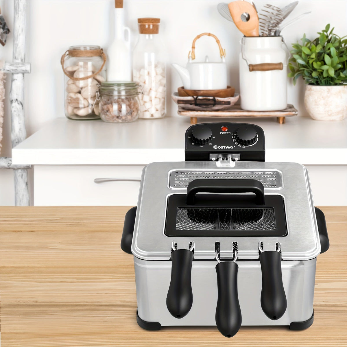 Electric Deep Fryer 5.3Qt/21-Cup with Triple Baskets, 1700W Stainless Steel, Adjustable Temperature 302°F-374°F, 60-Min Timer, View Window Lid, Cool-Touch Handles, Anti-Slip Base, Home Kitchen