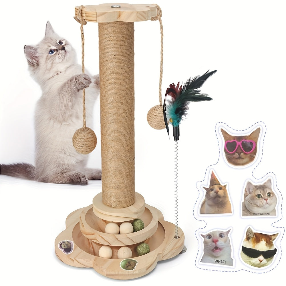 5-in-1 Wooden Cat Scratching Post Toy for Indoor Cats, Tall Sisal Post, 2-Level Track Ball, Interactive Feather Toy, Hanging Balls, Cat Furniture for Kittens and Adults