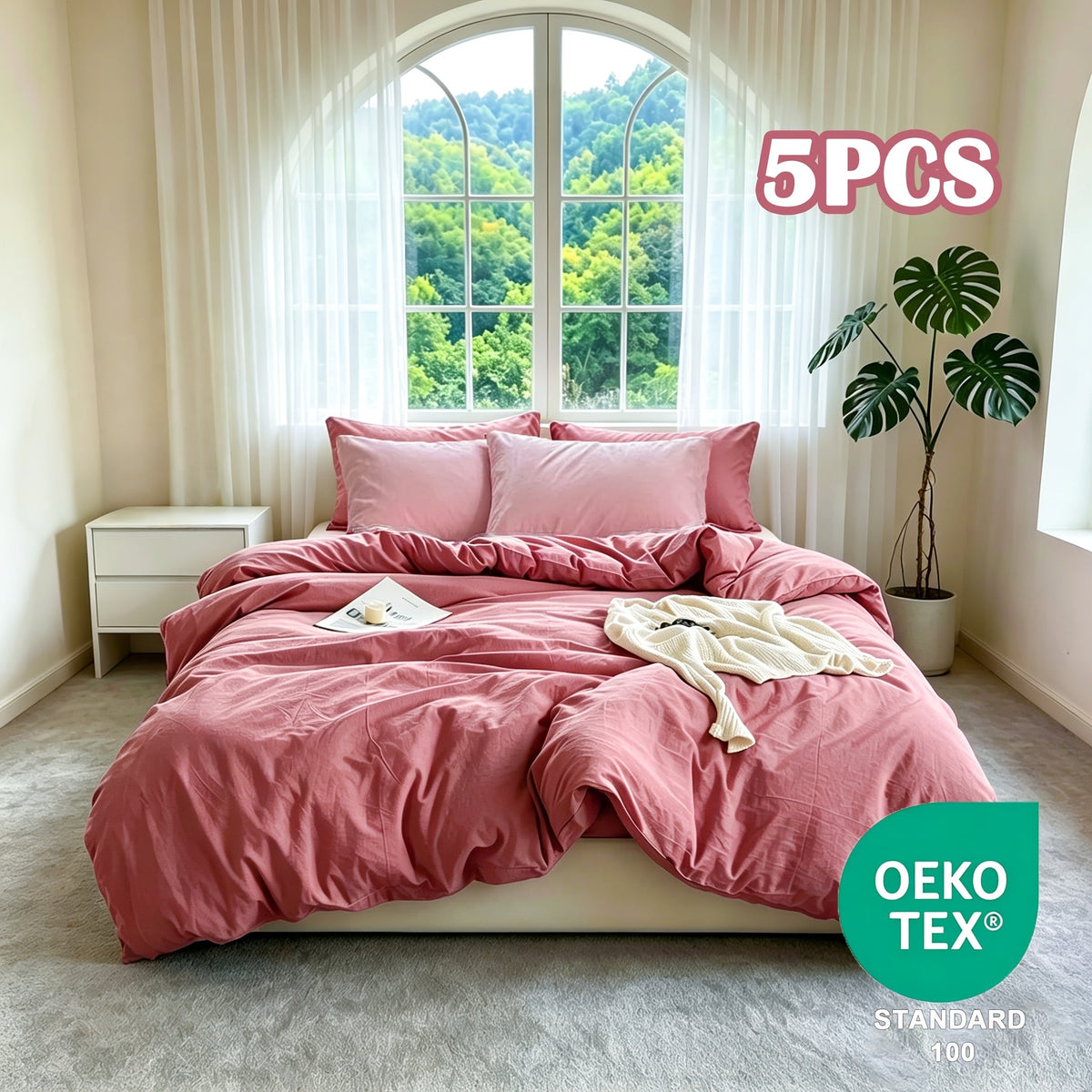 Washed Microfiber Duvet Cover Set 5-Piece, 1 Duvet Cover + 4 Pillowcases, Zipper Closure & Corner Ties, Soft Breathable Bedding Set for Home School Guest Room, No Insert, Multiple Sizes & Colors