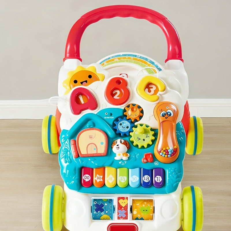 2-in-1 Baby Sit to Stand Learning Walker Push Walker with Wheels Detachable Play Panel Piano Lights & Sounds Adjustable Speed for Infant Boys & Girls