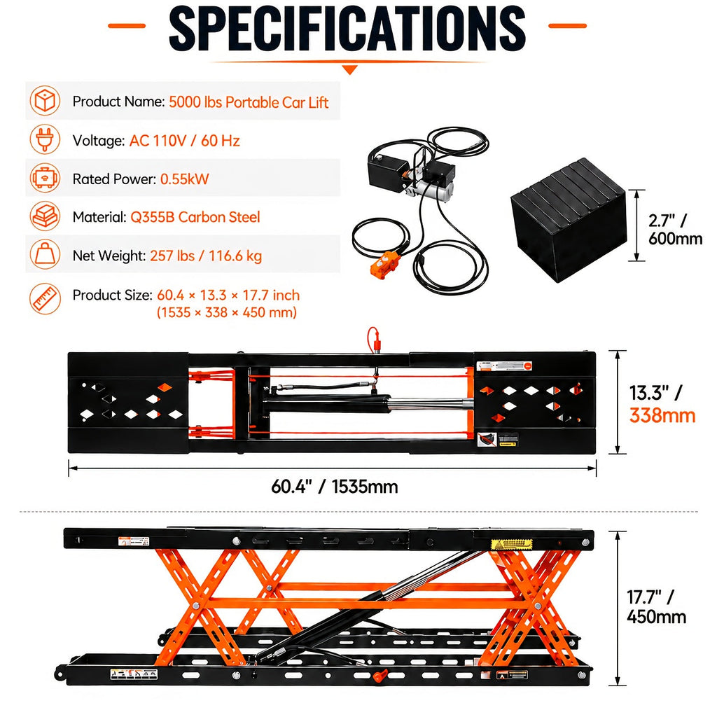 Portable Car Lift 5000–8000 LBS Capacity Hydraulic Low-Profile Jack Stand 26–28" Max Lift Height for Home Garage Auto Repair Shop & Workshop – Black or Orange