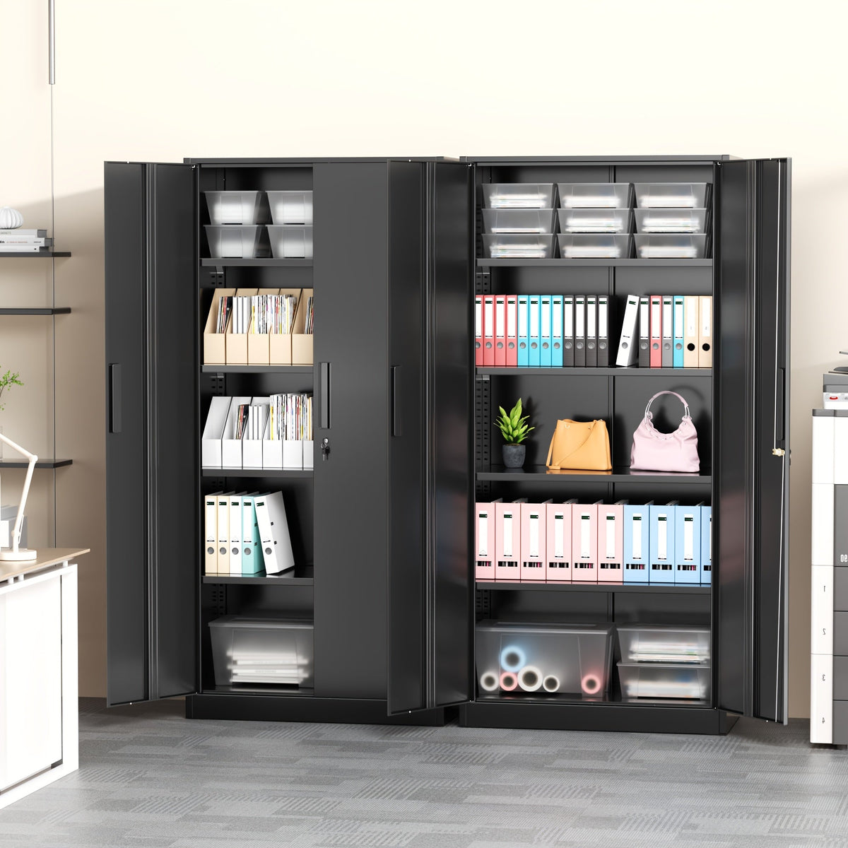 Metal Storage Cabinet 71" or 36" with Lockable Doors & Adjustable Shelves, Heavy Duty Steel Closet Cabinet for Garage Gym Home Office School Organization, Black Red White Pure Black