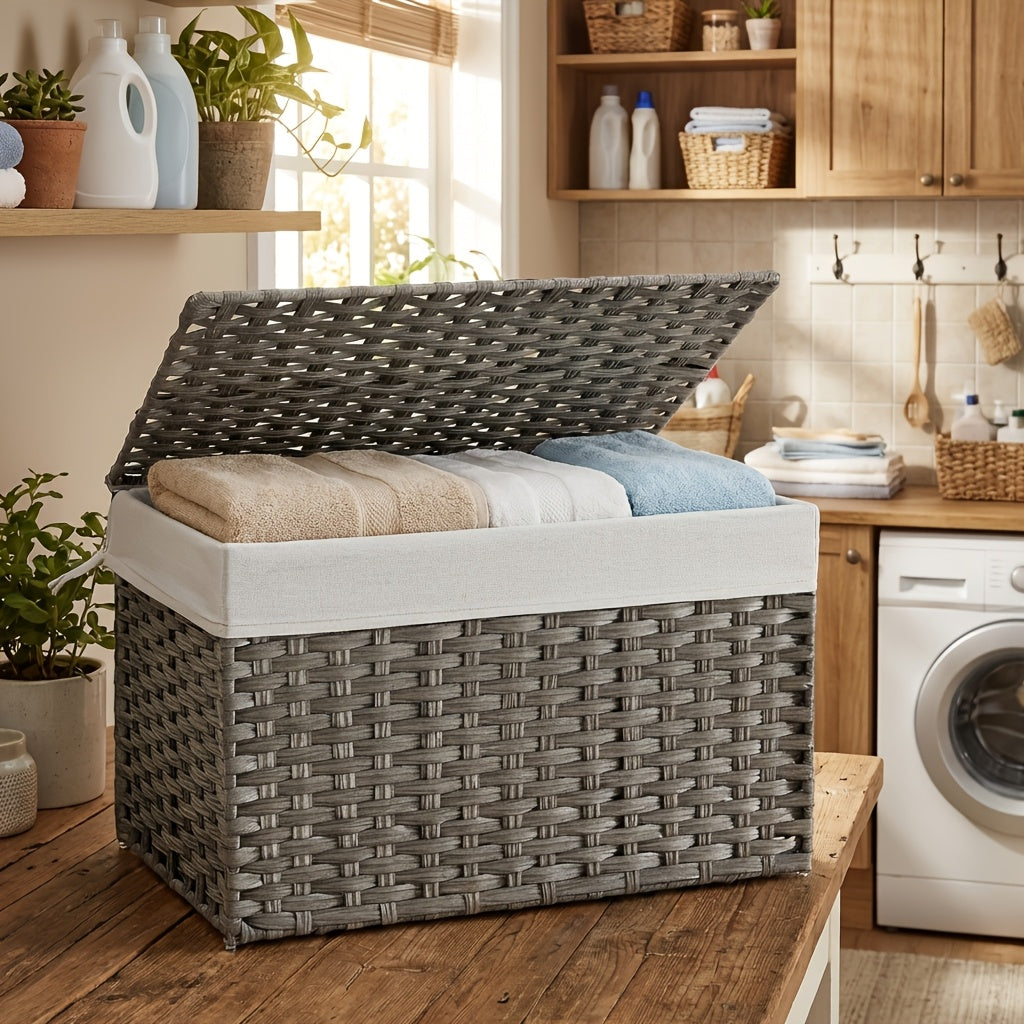 Large Foldable Storage Basket with Lid & Handles Removable Liner Metal Frame for Blankets Laundry Bedroom – 9.25 / 17.2 / 42.3 Gal – Natural Brown & Gray