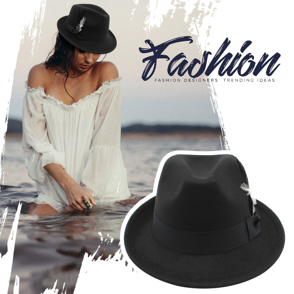 Short Brim Felt Fedora Hat for Men & Women – Classic Feather Panama Dress Hat in 7 Colors (Black, Brown, Navy, Red, Gray, Coffee), Unisex Jazz Cap for Formal, Casual, and Daily Wear