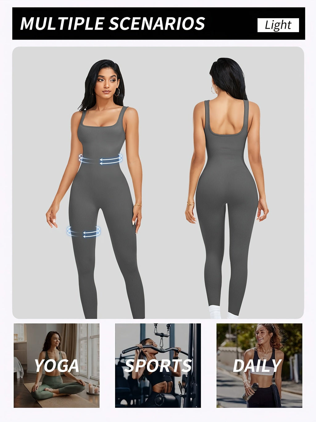 Women's Sleeveless Square Neck Jumpsuit – 90% Nylon Stretch Fabric, Thick & Opaque Activewear for Yoga, Pilates, Running, Fitness & Everyday Wear, Sizes S-XL, Multiple Colors