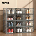 12-Pack Transparent Plastic Shoe Boxes with Lids - Large Capacity, Thickened, Stackable - Closet, Entryway, Front Door & Under-Bed Shoe Storage - Grey