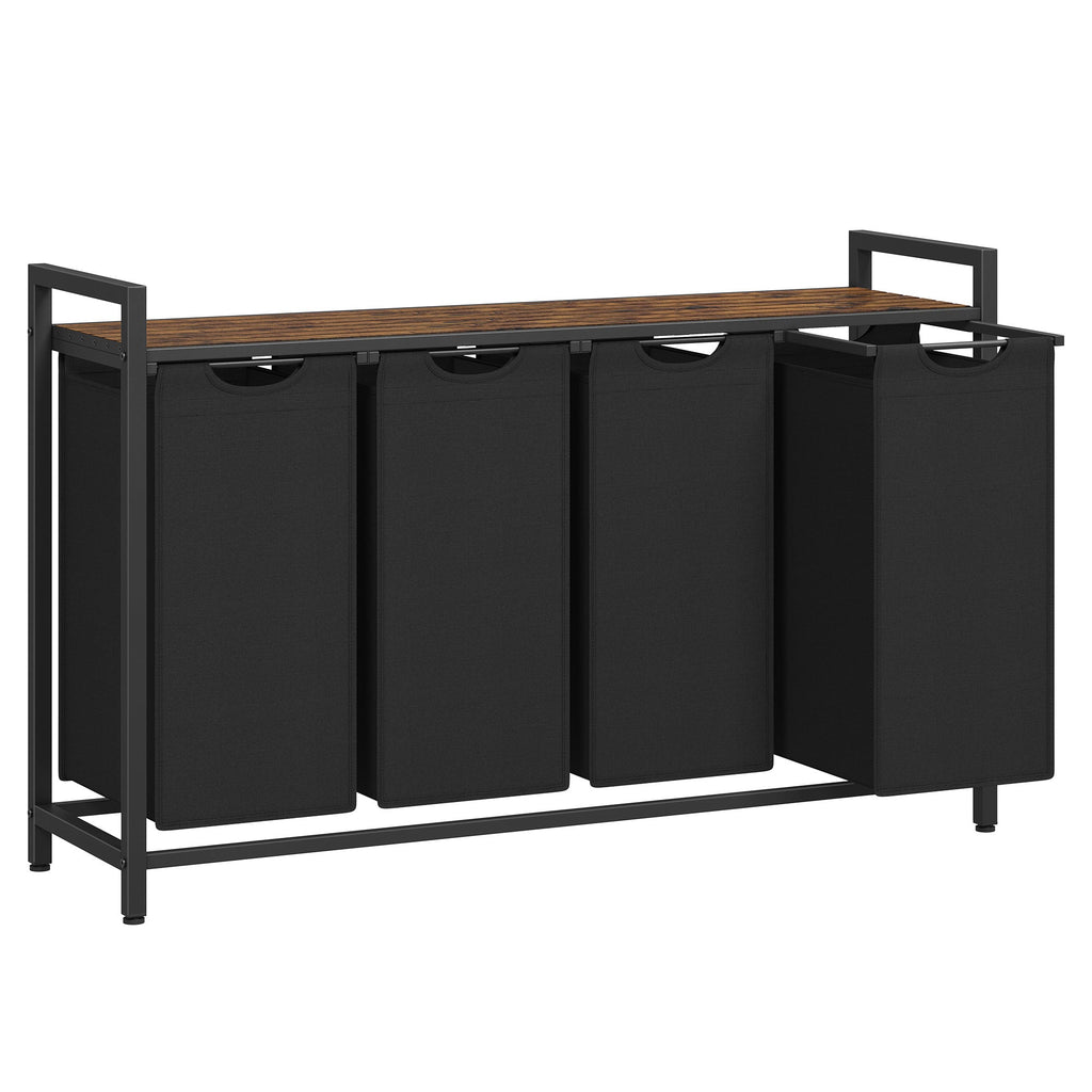 4-Compartment Laundry Sorter & Hamper, 42.3 Gallon Total (4x10.6 Gal), 4 Pull-Out Oxford Fabric Bags, Slatted Ventilation Shelf, 0.8" Steel Frame, Anti-Tip Kit, 45.7"x13"x28.4", Rustic Brown & Black