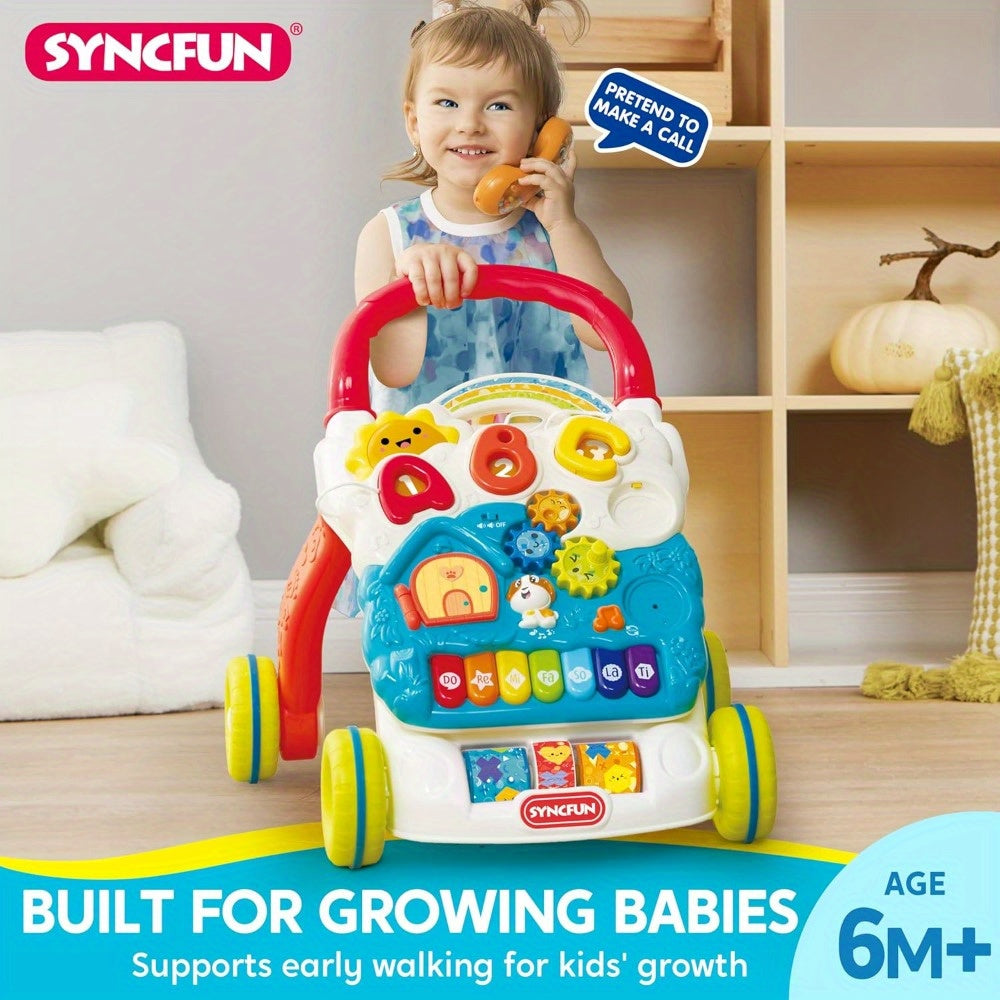 2-in-1 Baby Sit to Stand Learning Walker Push Walker with Wheels Detachable Play Panel Piano Lights & Sounds Adjustable Speed for Infant Boys & Girls