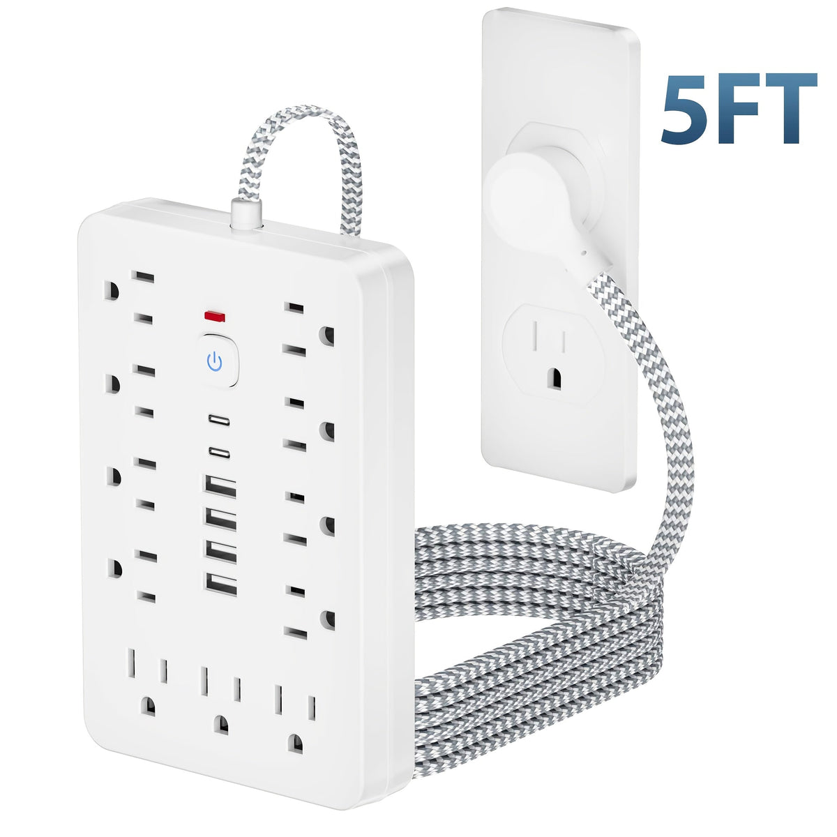 防雷防涌排插 11个AC插孔 | 4个USB-A & 2个USB-C端口，过载保护，短线/5英尺/10英尺延长线 – 家用、办公、桌面及校园多插口电源排插 – 白色 & 黑色