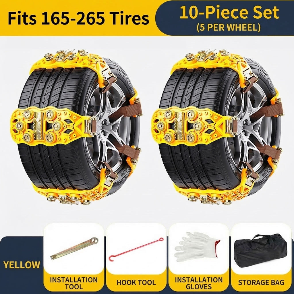 10-Pack Universal Anti-Slip Snow Tire Chains – Anti-Slip Studs for Snow, Ice, Mud & Sand, Easy Install & Removal, Fits Tire Width 165–265mm, for 4x4, ATV, UTV, SUV, Truck & Pickup, Yellow or Black – Nova Mart