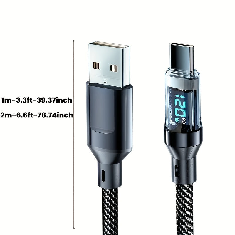 6A 120W Fast Charging Cable with Real-Time Digital Display - USB-A to USB-C Quick Charge - For iPhone, Android & Samsung - 1m & 2m - Black