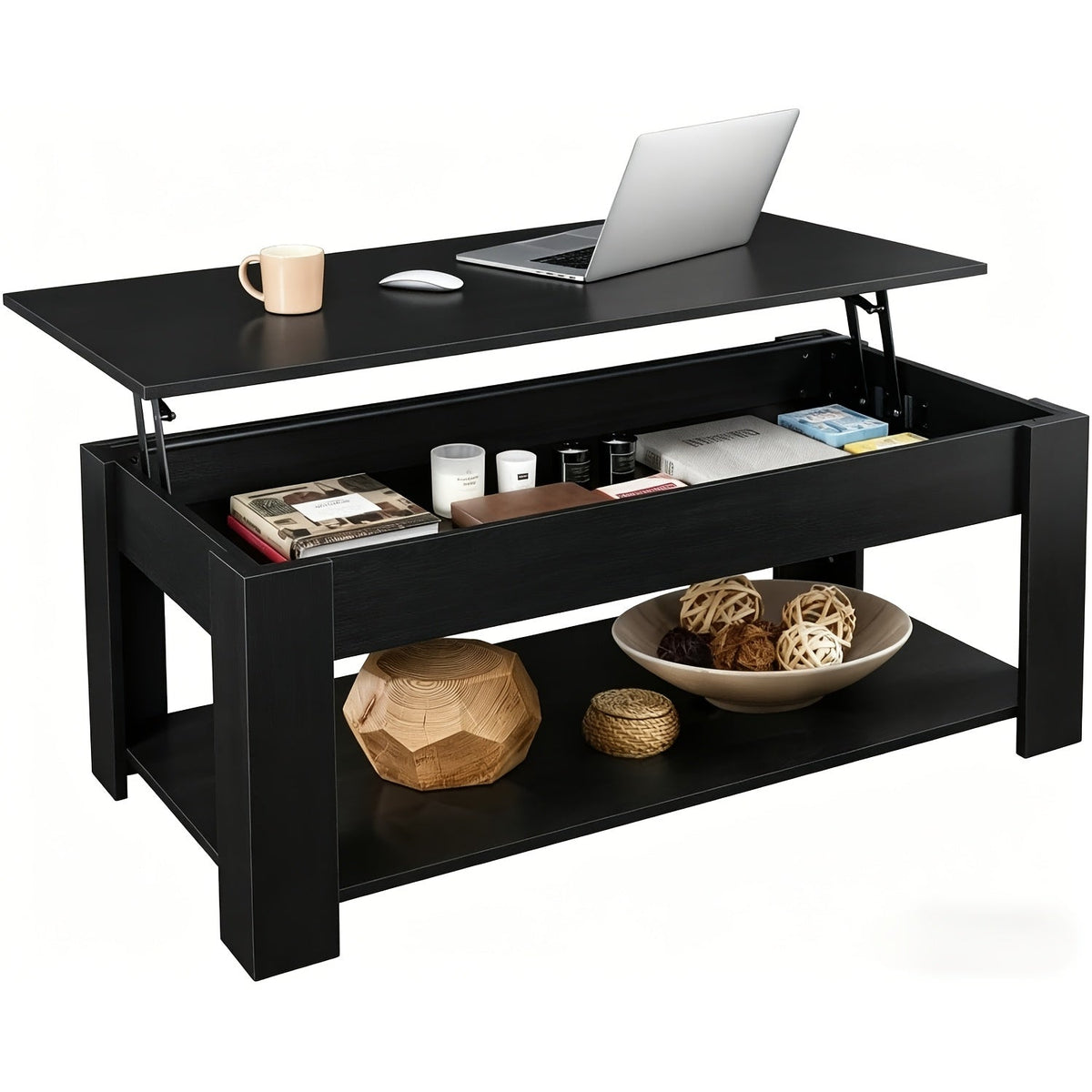 41-Inch Lift Top Coffee Table with Hidden Storage Compartment & Bottom Shelf – Retro Modern Rising Tabletop for Living Room & Home Office, Space-Saving Wood Design, Rustic Brown or Black – Nova Mart