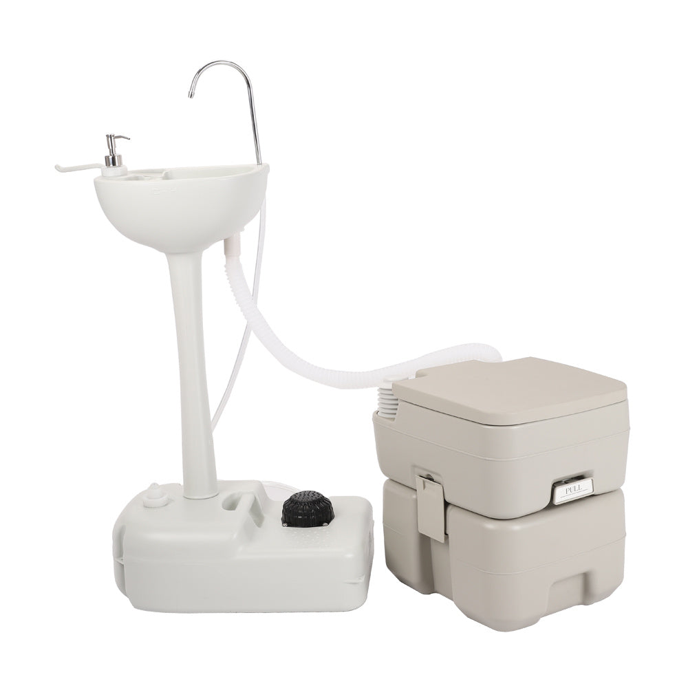 Portable Outdoor Hand Sink & Toilet Set HDPE No-Tool Assembly Pedal Design 3L Tank for Camping Worksite Boating & Outdoor Events – White