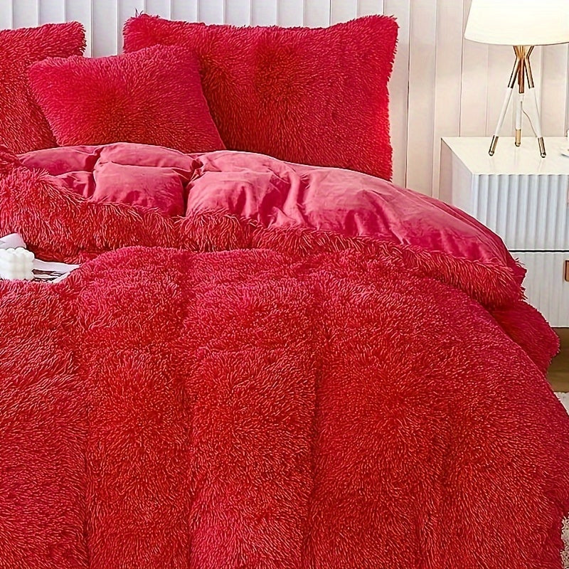 Plush Duvet Cover Set 3 Piece, Long Hair Knitted Polyester, Solid Color Fuzzy Comforter Cover with Zipper Closure, All-Season Soft Cozy Bedding Set for Bedroom, Multiple Colors Available