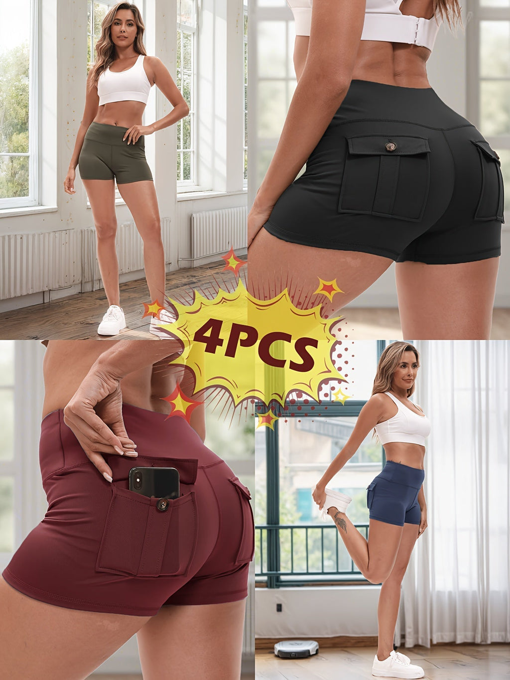 4-Piece Women's High-Stretch Yoga Shorts Set – Hip-Lifting Quick-Dry Fitness Shorts with Elastic Waist & 2 Pockets, Solid Color Athletic Shorts for Gym, Running, and Pilates, S-XXL