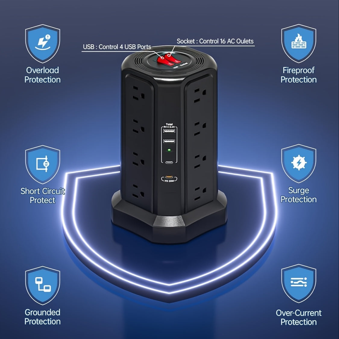 Tower Surge Protector Power Strip, 12 AC Outlets, 5 USB Ports with 18W PD USB-C Fast Charging, 10FT Extension Cord, 1800J Surge Protection, 4 Switches, for Home, Office, Desk, and Dorm Room – Space-Saving Vertical Design