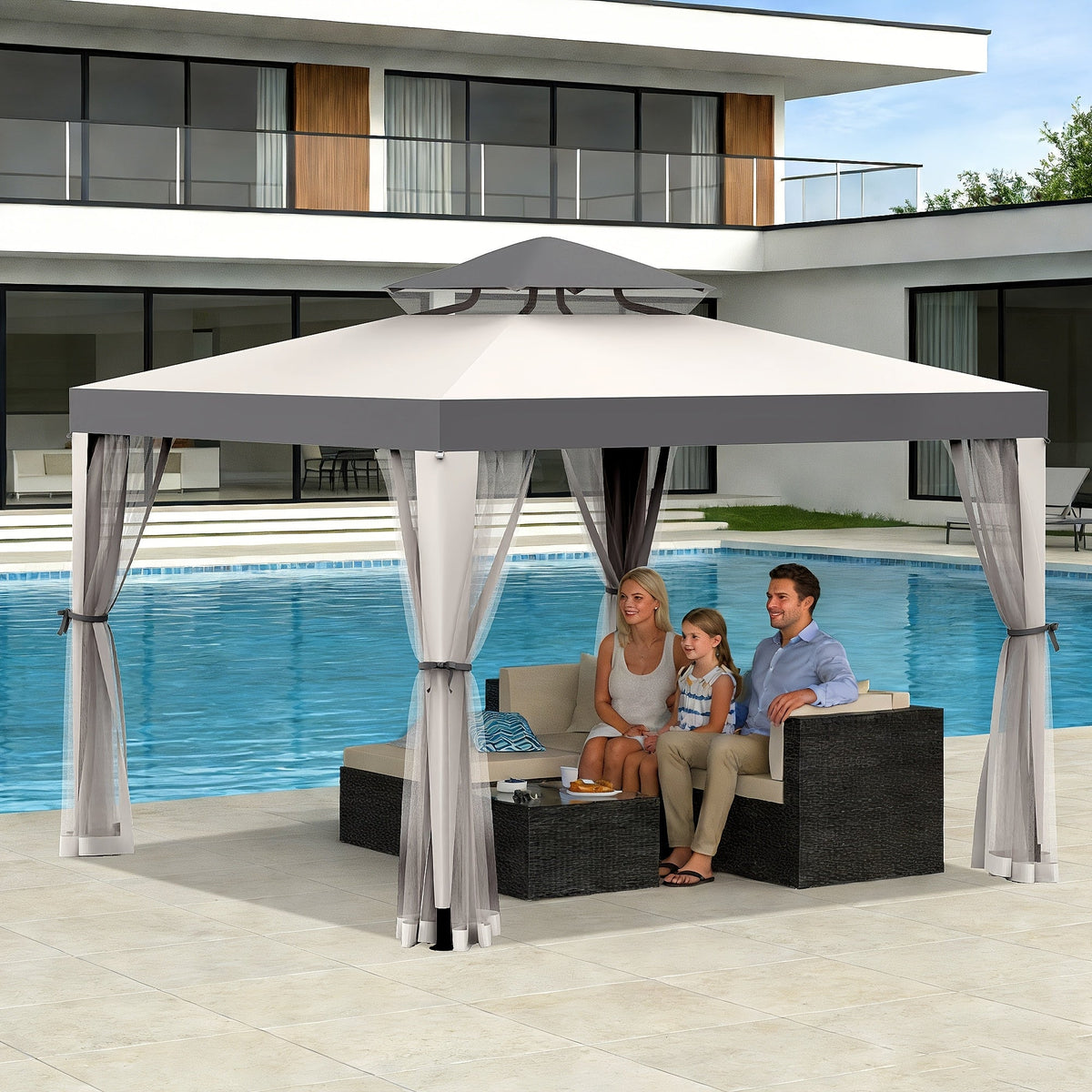 10x10 Ft Gazebo with Mosquito Netting & Mesh Sidewalls, 100 Sq Ft Shade, Sturdy Steel Frame, for Garden, Backyard, Terrace & BBQ Party