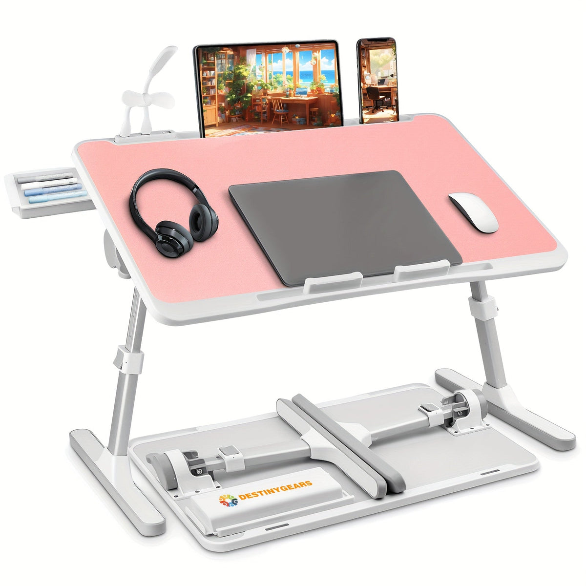 Lap Desk Bed Tray Table with USB Light, Fan & Drawer – Adjustable Portable Laptop Stand for Bed, Couch, Sofa; Laptop Desk for Reading, Writing, Eating – 10 Colors & Sizes