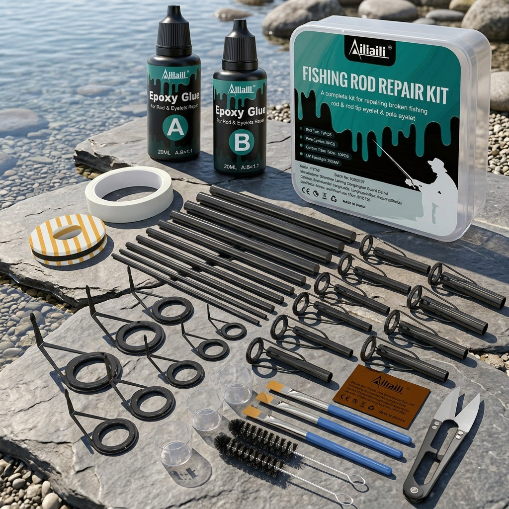 Fishing Rod Repair Kit Complete Set – Tip Top Rings, Rod Guides, AB Epoxy Glue, Winding Thread & Masking Tape, Full Replacement Supplies for Broken Rods