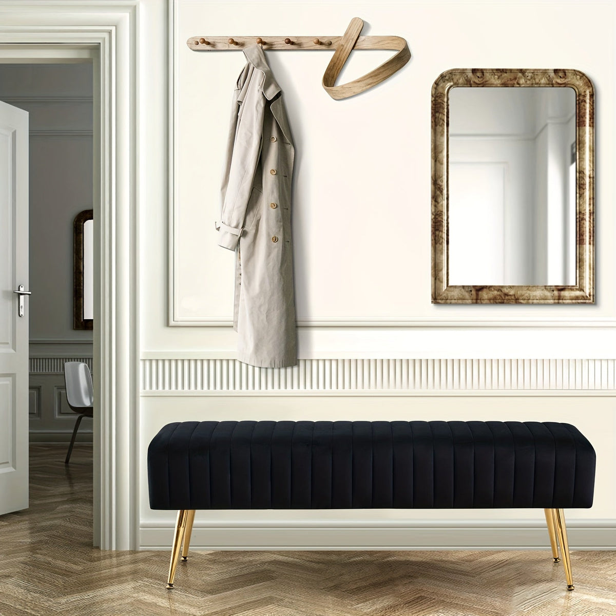 44-Inch Luxury Velvet Shoe Changing Bench with Gold-Plated Legs Entryway Bedroom End Footrest & Step Stool Sturdy Frame Elegant Decor – Black Pink Grey Dark Green