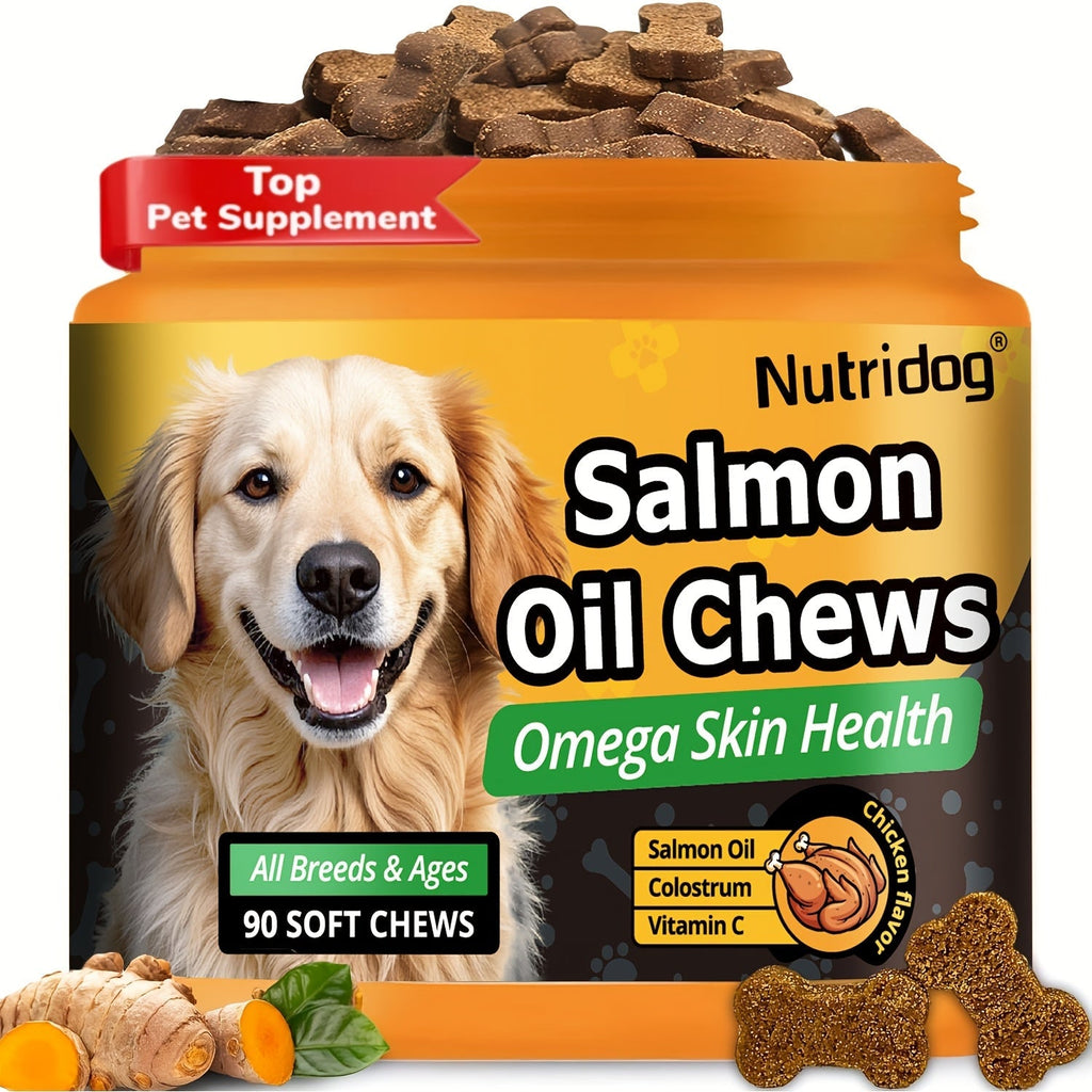 Dog Nutritional Supplement Soft Chews 90 Count with Probiotics Salmon Oil Chicken Flavor - Supports Coat, Gut Health, and Immunity for Dogs of All Ages 225g