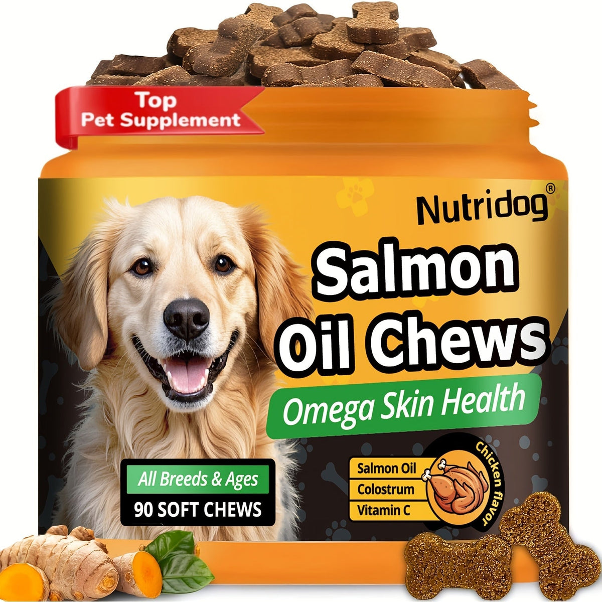 Dog Nutritional Supplement Soft Chews 90 Count with Probiotics Salmon Oil Chicken Flavor - Supports Coat, Gut Health, and Immunity for Dogs of All Ages 225g