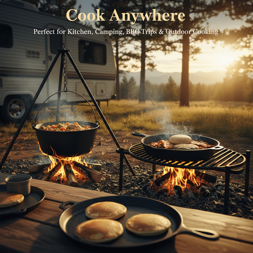 Cast Iron Cookware 6-Piece Non-Stick Set: Skillet, Dutch Oven, and Grill Pan Kit for Induction, Gas, Campfire, BBQ, Outdoor Cooking, and Kitchen