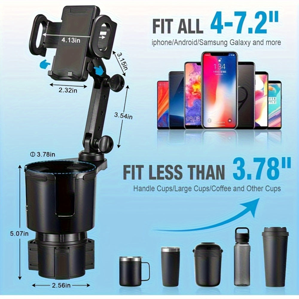 Car Phone Cup Holder Mount 2-in-1, 360° Swivel Rotation, Universal Fit for Cars, SUVs, and Trucks with Shock-Absorbing Trim - Black Extender