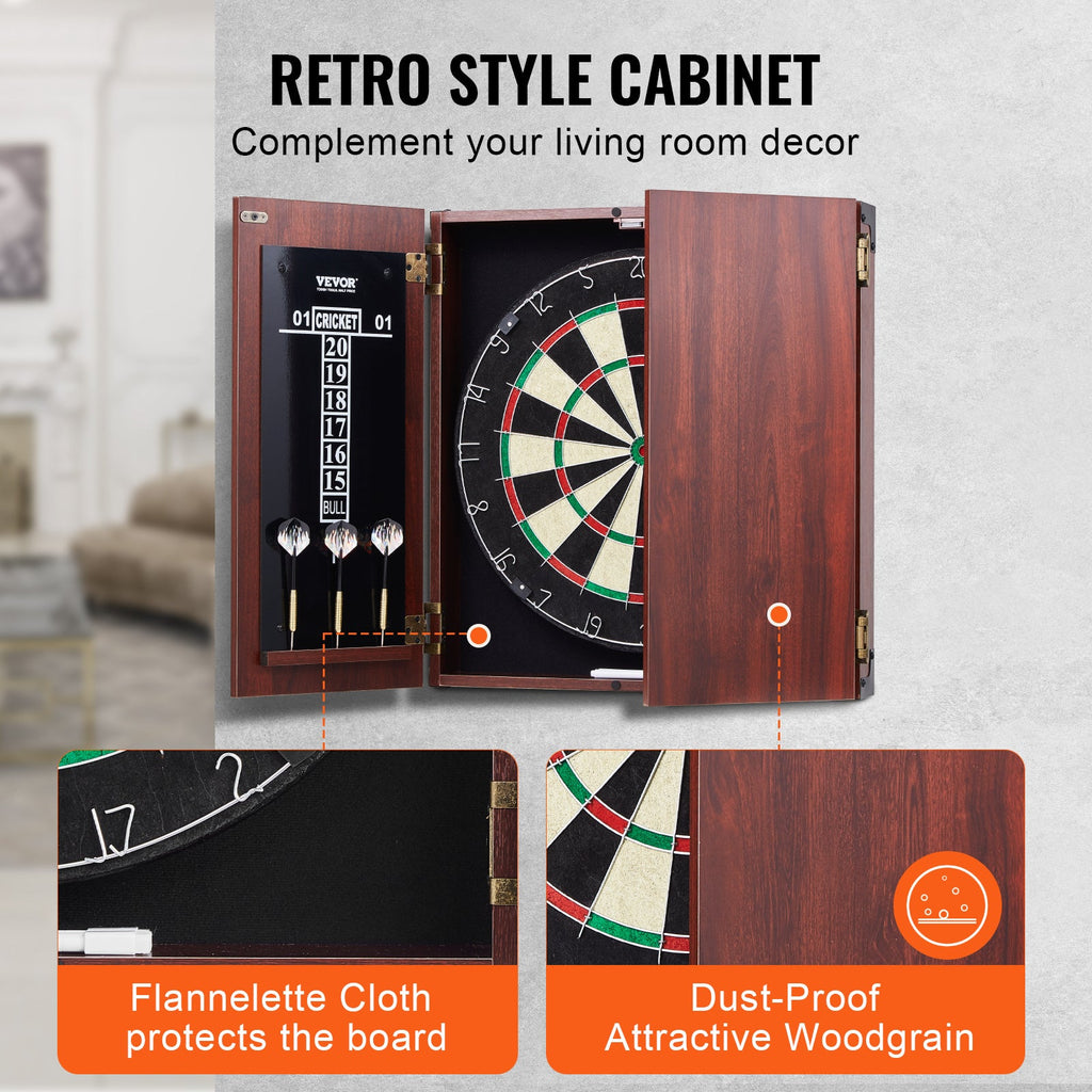 Dartboard Cabinet Set with 18" Self-Healing Sisal Board, 6 Steel Tip Darts, Scoreboard, Retro Woodgrain Cabinet, Staple-Free Bullseye, Complete Accessories Included, for Home Game Room Bar