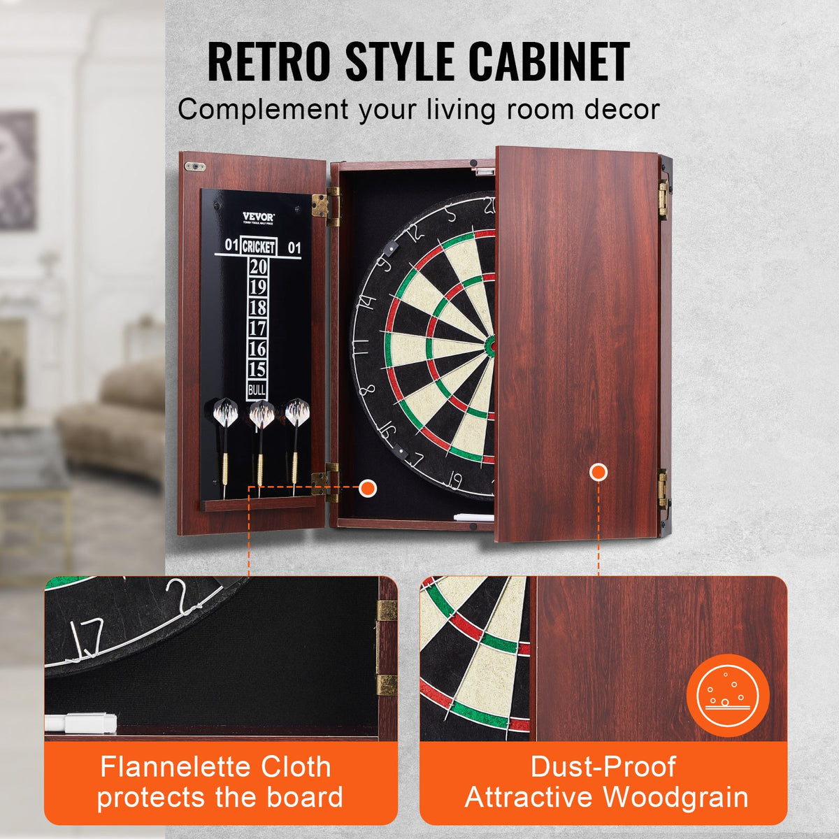 Dartboard Cabinet Set with 18" Self-Healing Sisal Board, 6 Steel Tip Darts, Scoreboard, Retro Woodgrain Cabinet, Staple-Free Bullseye, Complete Accessories Included, for Home Game Room Bar