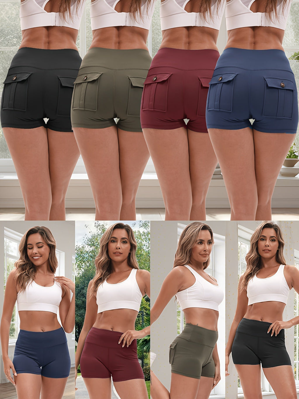 4-Piece Women's High-Stretch Yoga Shorts Set – Hip-Lifting Quick-Dry Fitness Shorts with Elastic Waist & 2 Pockets, Solid Color Athletic Shorts for Gym, Running, and Pilates, S-XXL