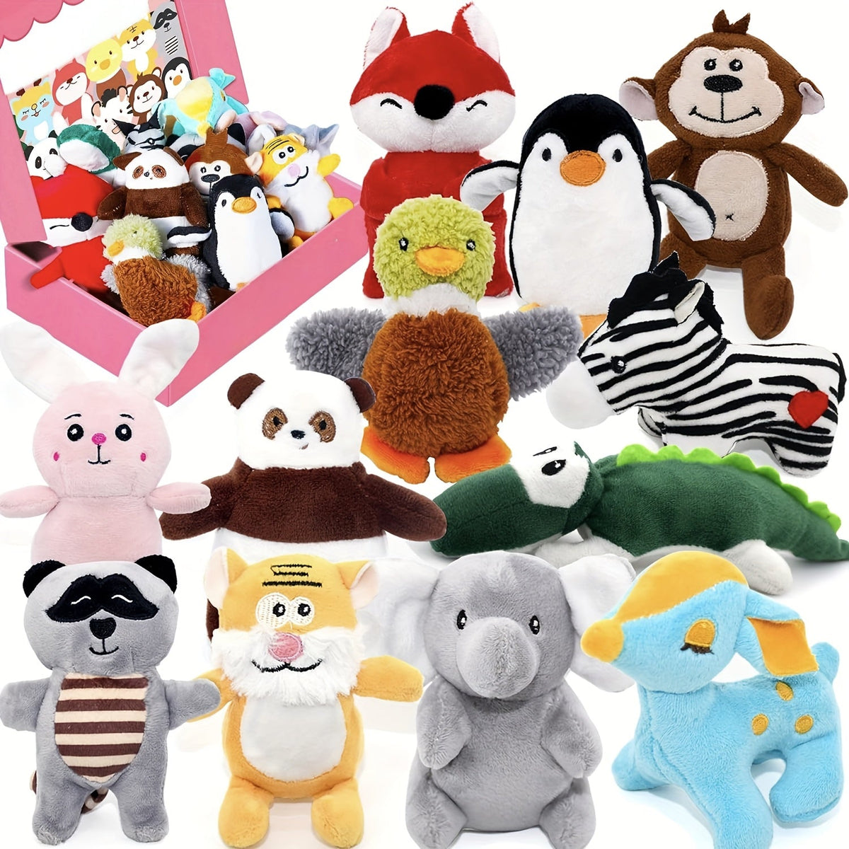 12-Pack Squeaky Stuffed Animal Dog Toys Plush Puppy Toys for Small and Medium Dogs - Soft Chew Teething Toys with Gift Box: Fox, Tiger, Rabbit, Panda & More