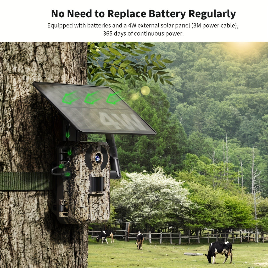 4G LTE Solar Trail Camera – 4K Live Video Remote Viewing, 82ft HD Night Vision, 0.2s Trigger Speed, Built-in SIM Card, IP65 Waterproof, No WiFi Required, Hunting Wildlife Camera, 1 pc / 4 pcs