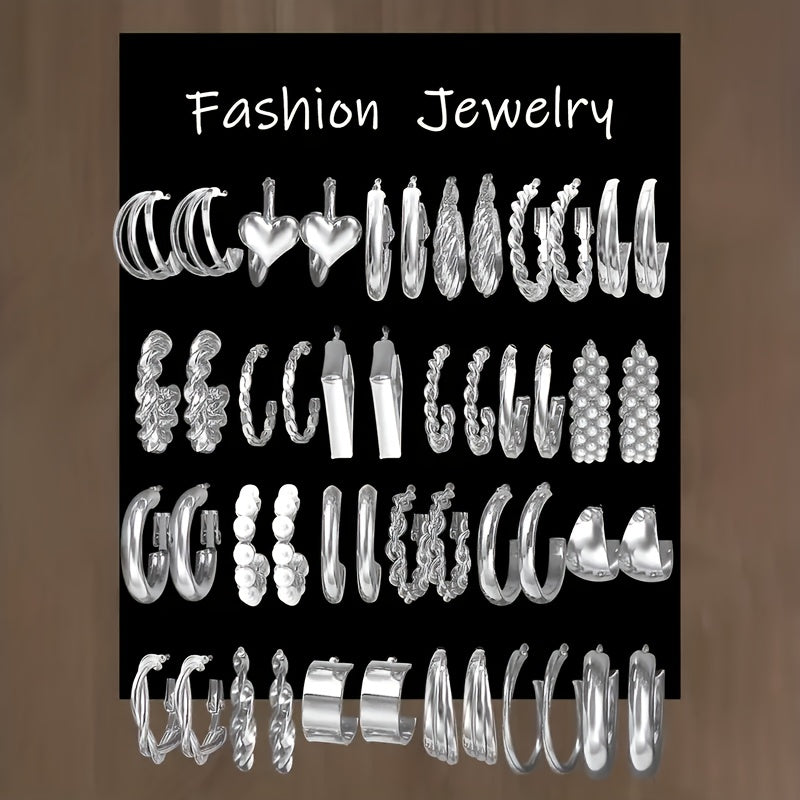 24 Pairs Fashion Alloy Earrings Set for Women – Zinc Alloy with Stainless Steel Studs, Hypoallergenic, Everyday/Party/Holiday Jewelry Gift, Year-Round Styling