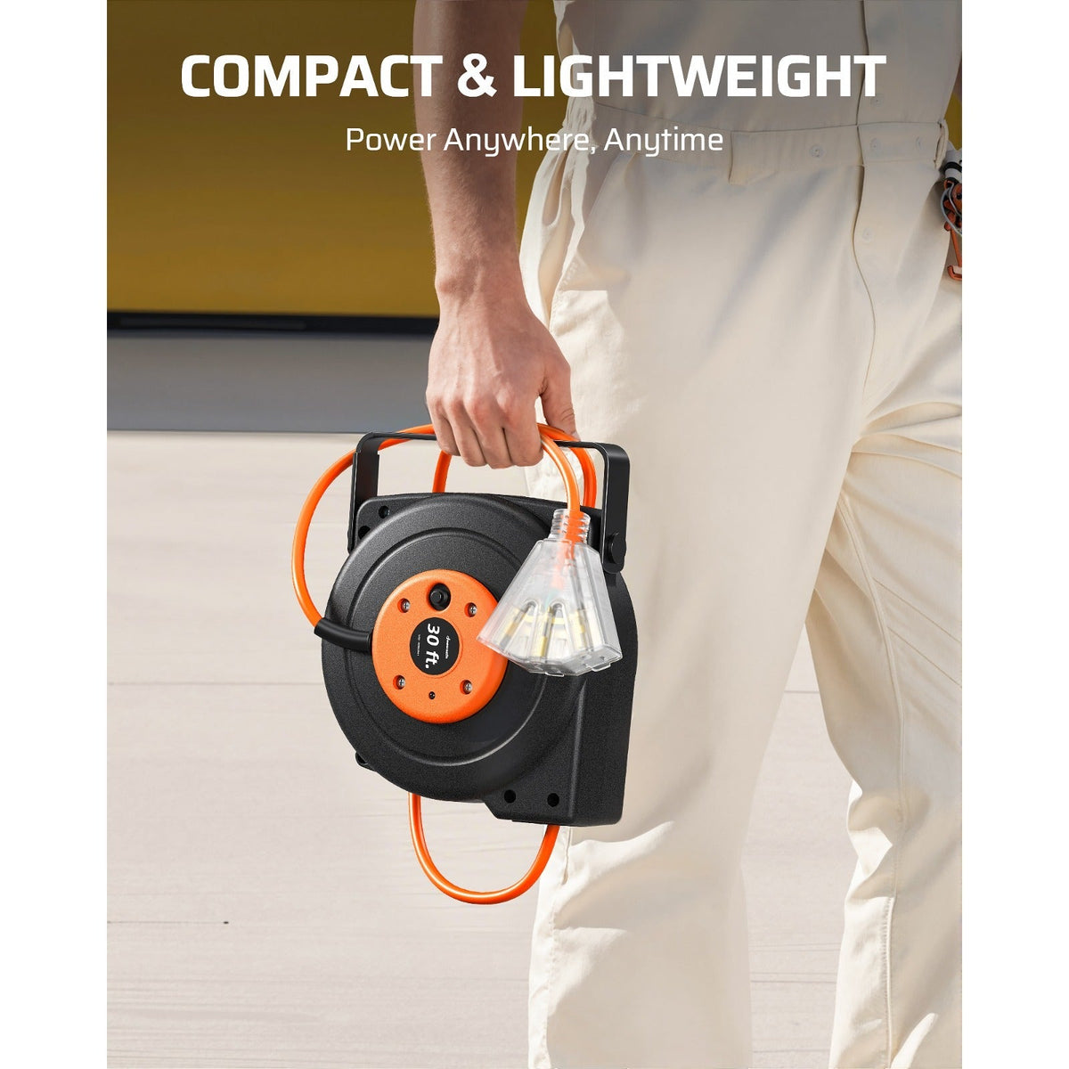 DEWENWILS 30FT Retractable Cord Reel Wall-Mounted Triple Outlet 10A Overload Protection 16AWG SJTOW 125V 1250W with Indicator Light – Orange