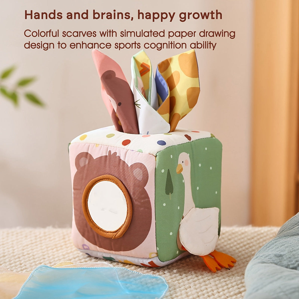Duck-Shaped Baby Sensory Tissue Box Toy, Non-Tearable Fabric Pull Tissue for Infant Finger Exercise & Early Education, Montessori Soothing Toy for Newborns 0-12 Months, Mixed Colors