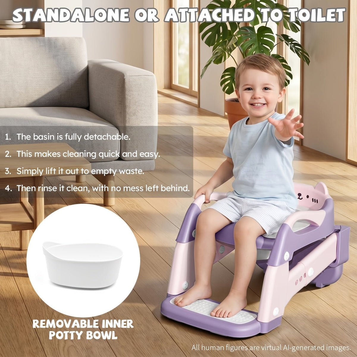 3-in-1 Potty Training Seat, Training Toilet & Potty Chair for Toddlers, Height Adjustable Foldable with Splash Guard & Anti-Slip Steps for Boys & Girls, 4 Colors Including Purple Green Grey & Blue