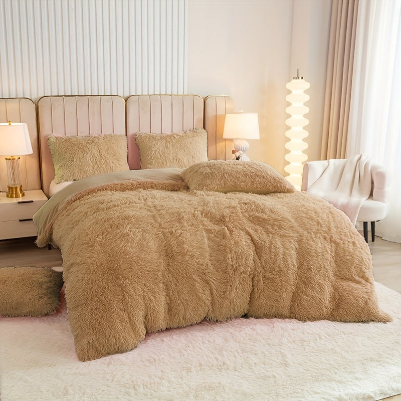 Plush Duvet Cover Set 3 Piece, Long Hair Knitted Polyester, Solid Color Fuzzy Comforter Cover with Zipper Closure, All-Season Soft Cozy Bedding Set for Bedroom, Multiple Colors Available