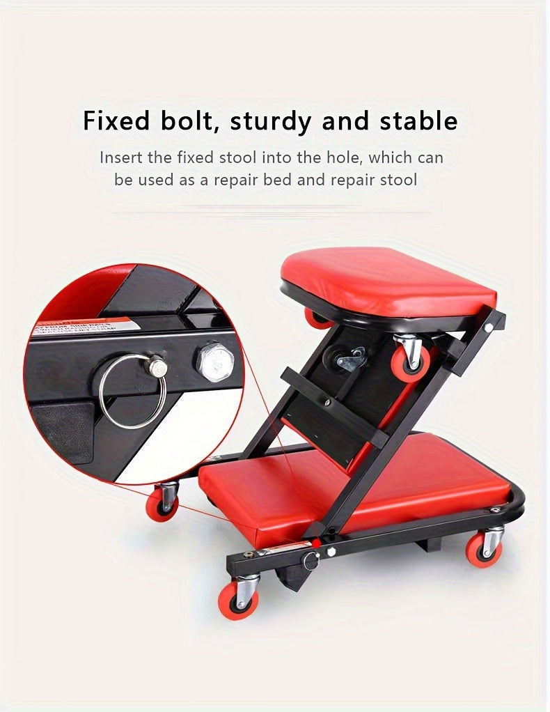 Foldable 2-in-1 Mechanic Creeper & Rolling Seat 300LB | 36-Inch Z-Crawler with 6 Swivel Casters, Adjustable Headrest, Folding Car Repair Creeper for Garage Workshop – Black & Red