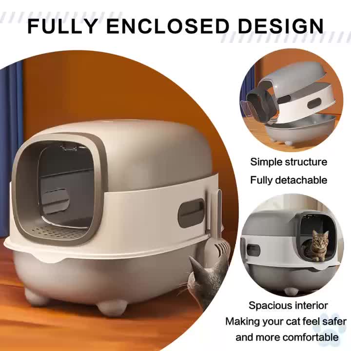 Covered Cat Litter Box with Scoop – Spacious Fully Enclosed Spill-Proof Design, Easy to Clean & Store, Ideal for Small to Medium Cats, Available in Gray, Purple & Blue