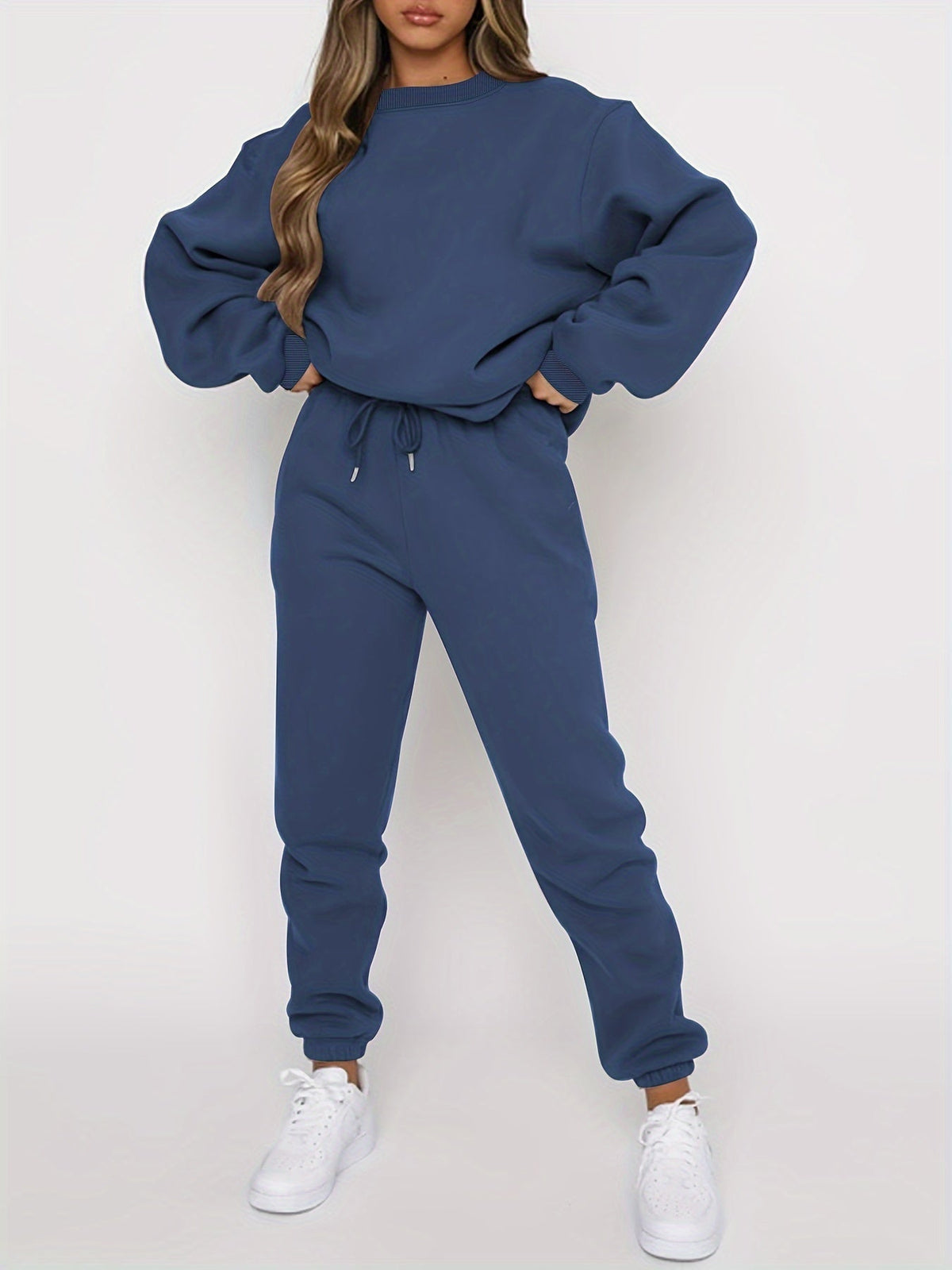 Women's 2-Piece Sweatshirt and Pants Set, Crew Neck Pullover with Elastic Waist Drawstring Joggers, Casual Lounge Suit, Beige/Grey/Black/Navy/Coffee, S-XXL