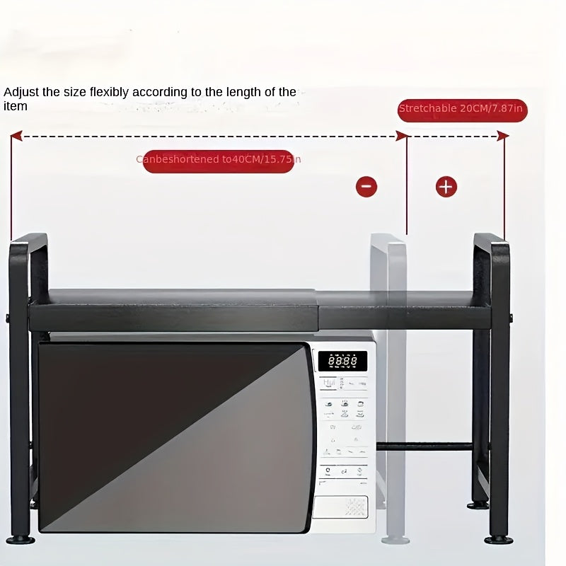 Expandable Over-The-Microwave Shelf - Heavy Duty Carbon Steel Kitchen Rack with 6 Hooks, 66 lb Capacity, Adjustable Width, Countertop Organizer for Microwave, Spices & Utensils - Black