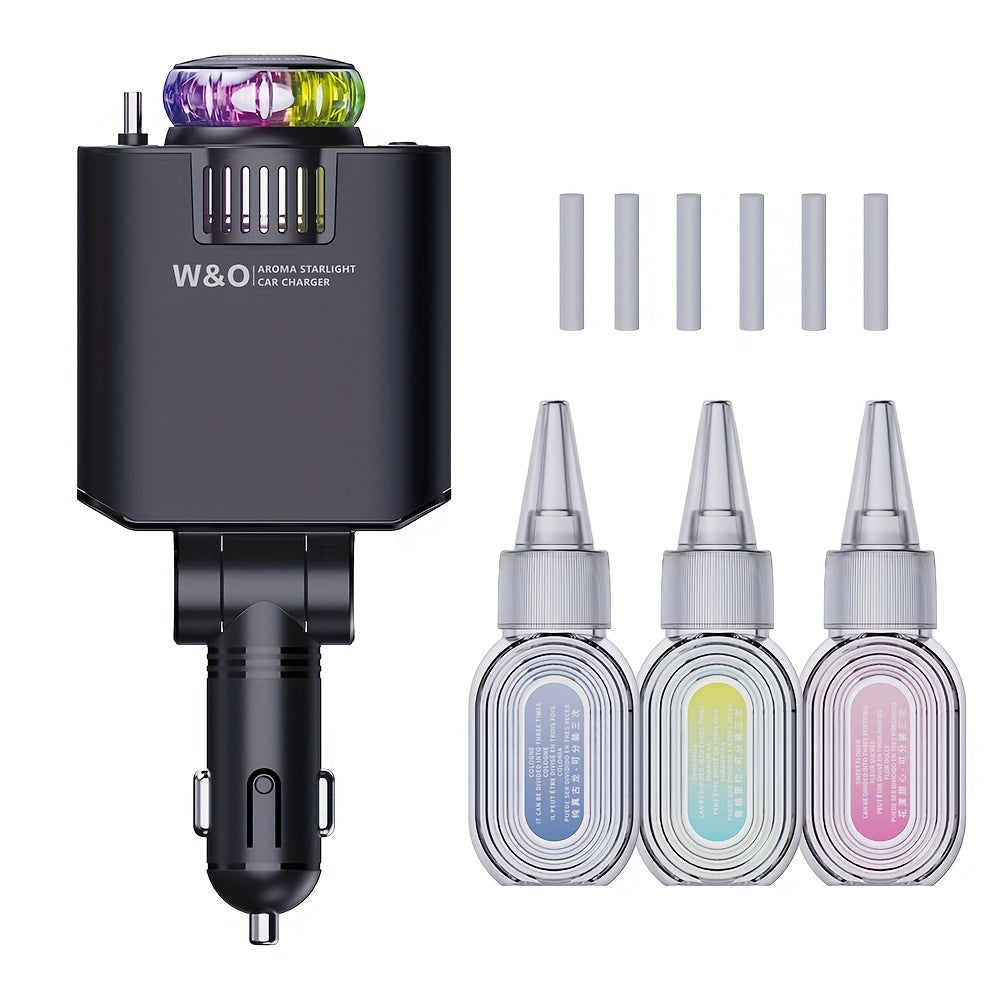 3-in-1 Car Charger, Air Freshener & Starry Sky Projector – Dual 80cm Retractable Type-C & Lightning Cables, Aromatherapy Diffuser for iPhone 16/15 and Samsung S25/S24, Premium Car Interior Upgrade Gift