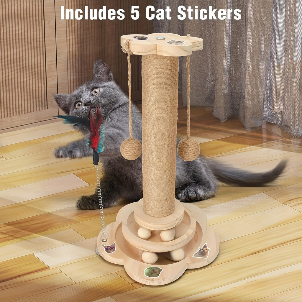 5-in-1 Wooden Cat Scratching Post Toy for Indoor Cats, Tall Sisal Post, 2-Level Track Ball, Interactive Feather Toy, Hanging Balls, Cat Furniture for Kittens and Adults