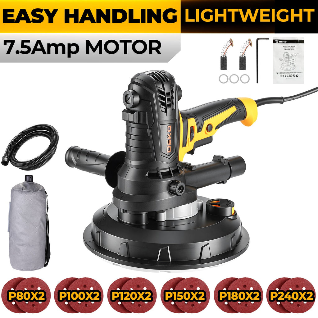 7.5Amp Drywall Sander 900W, Variable Speed 1400-2700RPM, 175mm Sanding Pad, Dust Collection Bag & Hose, 12 Sanding Discs Included, for Wall Ceiling Paint Removal & Finishing