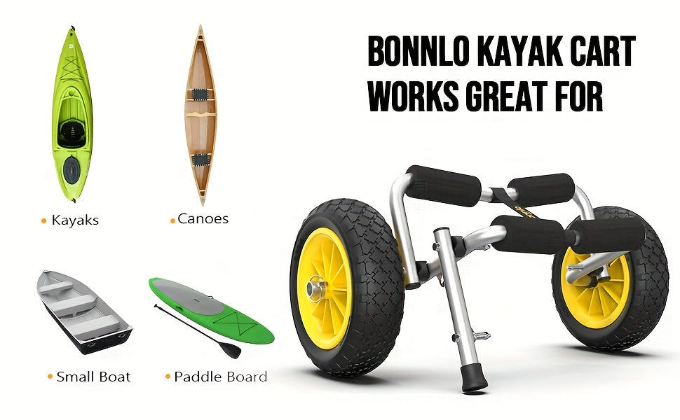 Bonnlo Portable Kayak Trolley Cart, Collapsible Cast Aluminum Alloy with 10" Solid Wheels - Fits Canoes, Paddle Boards, Jon Boats, Float Mats & Watercraft Transport
