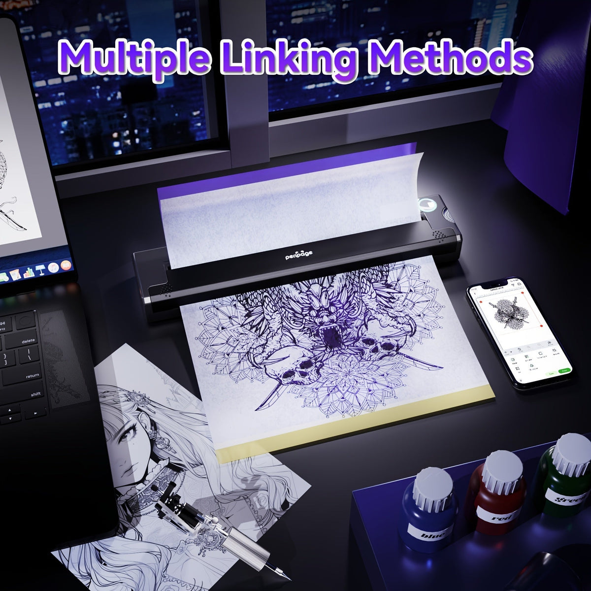 Peripage P90 Tattoo Stencil Printer – Portable Thermal Printer for Tattoo Transfer Paper, Compatible with iOS, Android & PC, Mini Wireless Printer Includes 5pcs A4 Transfer Paper, Gift for Tattoo Artists