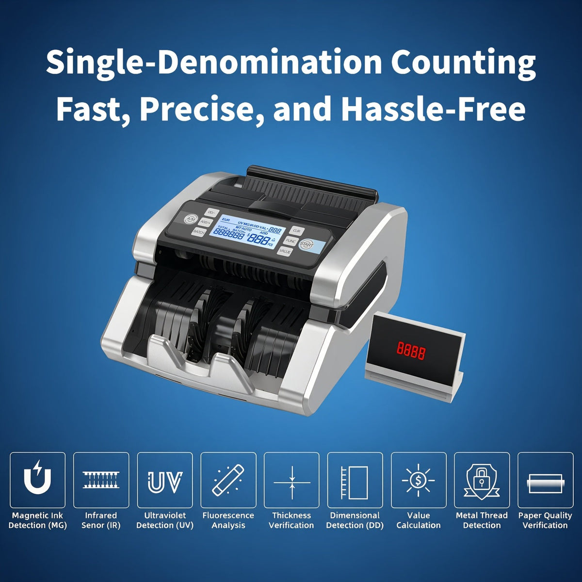 Money Counting Machine with UV/MG/IR/MT/DD Counterfeit Detection – 1,300 Bills/Min, 5 Counting Modes, 3.7" LCD Dual Display, 12-Key Panel, Quiet Mode <60dB, for USD & EUR, Black or Silver – Nova Mart