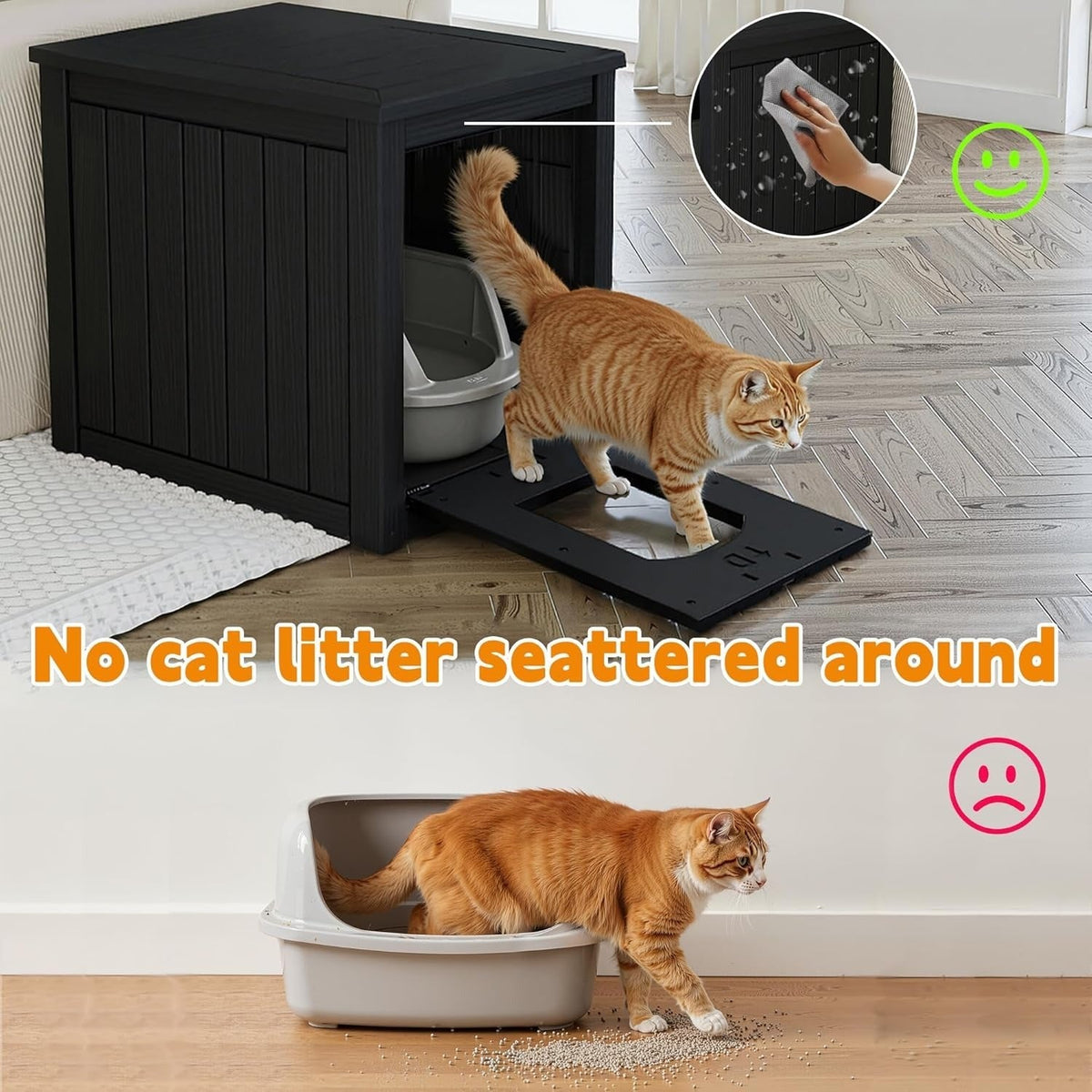 Hidden Litter Box Cabinet - Multifunctional Cat Litter Box Enclosure with Side Table Top, Front-Opening Door, Easy Clean - Indoor, Courtyard & Doorstep - Black & Light Brown